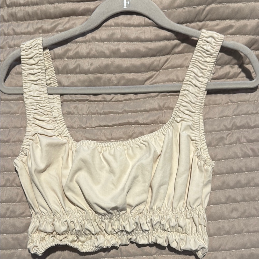 Cream Sleeveless Ruched Crop Tank Top